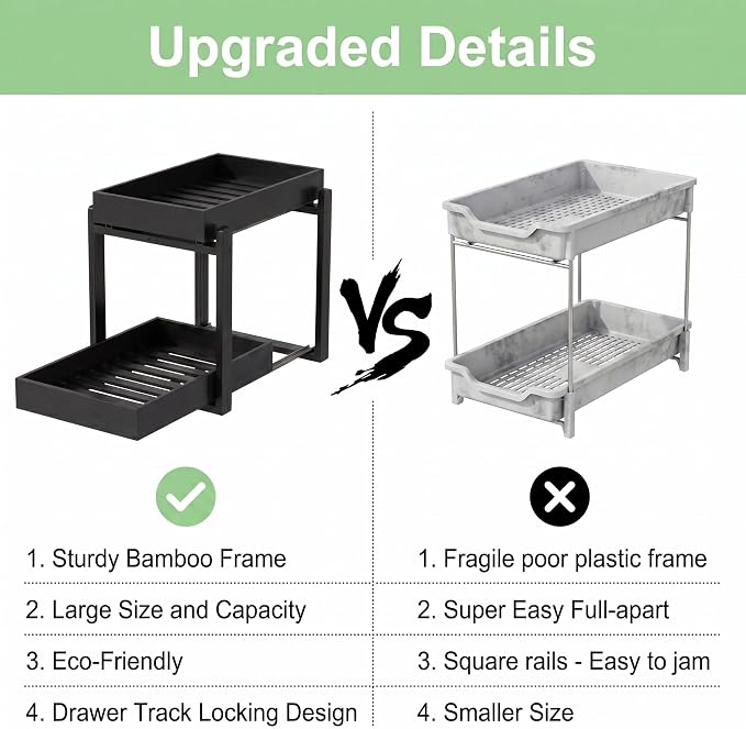 MHXW SXPN Bamboo Under Sink Organizer, 2 Pack Pull Out Cabinet Organizer | 2 Tier Vertical Smooth Slide Out Undersink Storage Shelf | Multi-Purpose Organizer Shelves for Kitchen Bathroom Medicine