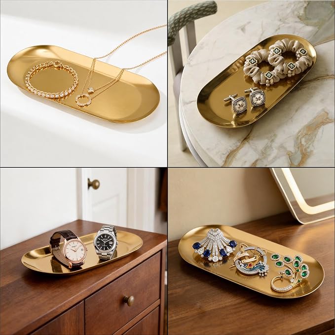 Vaincre 2PCS 7" Gold Stainless Steel Oval Jewelry Tray Ring Holder Dish | Small Size, Decorative Trinket Plate, For Perfume Cosmetics Candles Keys, Perfect for Bathroom Vanity & Kitchen Decor
