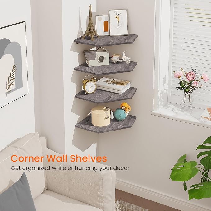 Corner Shelf Wall Mount, Set of 4 Corner Floating Shelves with Cord Hole, Wall Shelf Organizer, Wood Hanging Storage Shelving for Bathroom Bedroom Kitchen, Rustic Grey