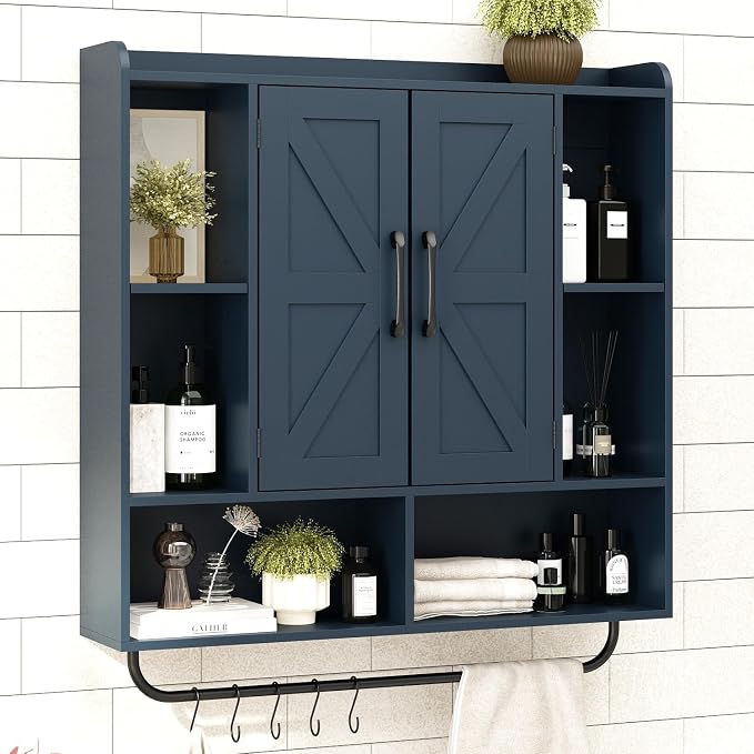 RUSTOWN Rustic Bathroom Wall Storage Cabinet with 2 Barn Doors, Navy Blue | Farmhouse Medicine Cabinet, Wall Mounted, Space Saving, 3-Tier Adjustable Shelves, Towel Bar, 5 Hooks