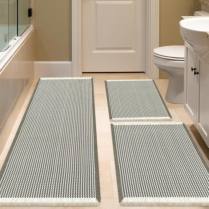Waffle Bath Mat Set 3 Piece Green & Cream,Woven Modern Bath Rug Mats, Absorbent Non Slip Bath Floor Mat, Soft Washable Boho Bath Rugs with Tassels for Bathroom, Bedroom, Kitchen, Tub