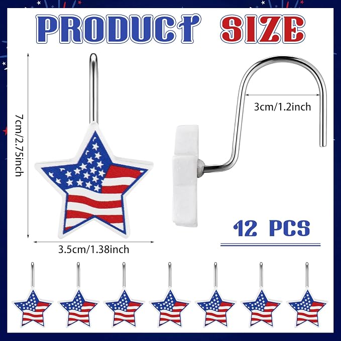 Yaocom 12 Pcs Patriotic Star Shower Curtain Hooks, 4th of July | American Flag Resin Hooks, Rings for Independence Day Bathroom Decor, Fits Standard Shower Rods, 250th Anniversary USA