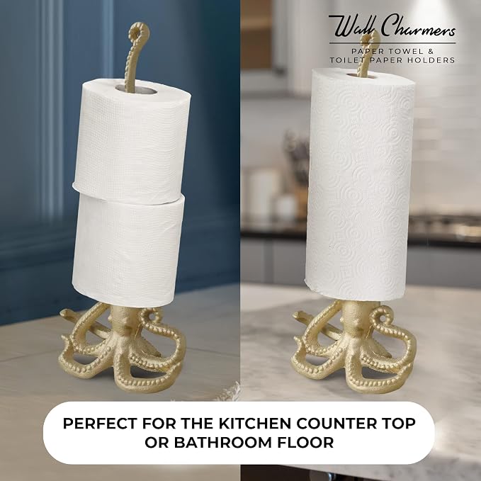 Gold Paper Towel Holder, Metal Toilet or Kitchen Paper Holder for Floor or Countertop, Gold Octopus | 18.6 inch tall gold cast iron hand towel holder for kitchen countertop or bathroom with weighted base, no assembly