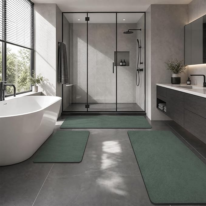 MontVoo -Bath Mat Rug-Rubber Backing Non Slip Quick Dry Absorbent Thin Bathroom Rugs Fit Under Door-Faux Suede Surface Bathroom Floor Mats-Shower Rug for in Front of Bathtub Shower Green 20"x32"