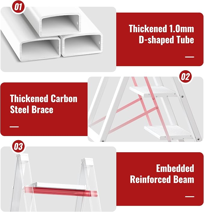 2 Step Ladder, Aluminum Folding 2 Step Stool with Anti-Slip Sturdy and Wide Pedal, Lightweight Portable Stepladder for Home and Kitchen Use Space Saving, Cream White, 330 lbs