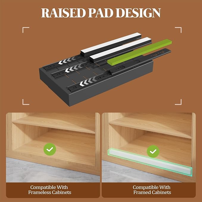 Seinloes 4 Pack Expandable Pull Out Cabinet Organizer 21" Deep With Raising Pad for Framed Cabinets,Upgrade 3 Slide Rails Slide Out Drawers,No Drill Roll Out Shelves,Adjustable Width 9"-14" Black