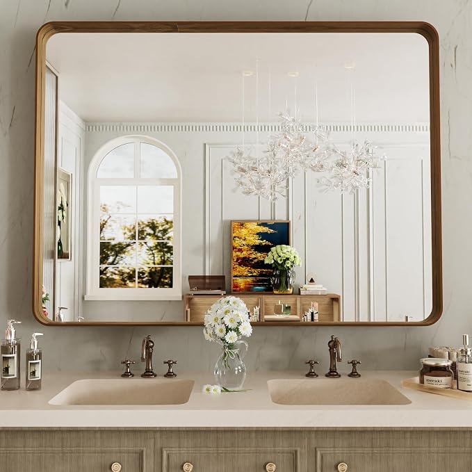 LOAAO 48X36 Inch Bathroom Mirror with Wood Grain Colored Metal Frame | Rounded Rectangle Metal Framed, Anti-Rust, Hangs Horizontally or Vertically, Tempered Glass