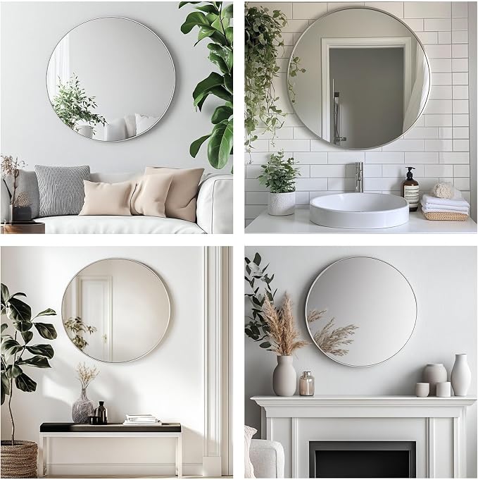 Small Round Mirror, 16 inch Silver Circle Mirror, Silver Metal Frame | High Definition, Waterproof, Rust-resistant, Circular Wall Mirrors for Bathroom, Bedroom, Vanity, Nursery, Kids, Wall Décor