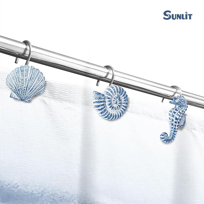 Sunlit Seashells Decorative Shower Curtain Hooks, Sky Blue Ocean Creatures Coastal Shower Curtain Rings, Resin, Nautical Bathroom Decoration Beach Shower Curtain Hooks-12 Pack