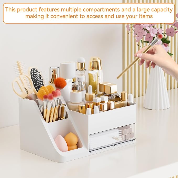White Makeup Organizer Countertop,Large Cosmetics Storage Organizer for Make up Brush,Hair Products and Beauty Skincare Organizers,Plastic Makeup Holders and Organizers for Bathroom,Vanity,Desk