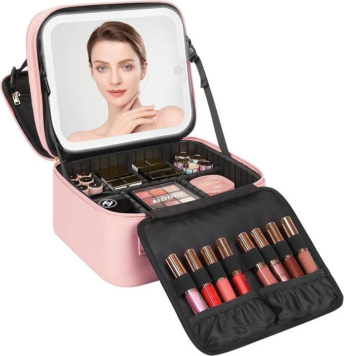 Relavel Makeup Bag with LED Mirror, Small Travel Makeup Case, Pink | Double Layer Cosmetic Box with Handle, Waterproof Make Up Storage, Rechargeable Led Mirror, Removable Dividers