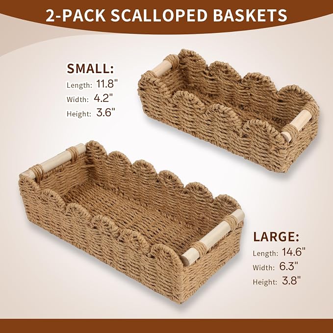 Paper Rope Storage Basket Set of 2 with Wooden Handles - Scalloped Toilet Paper Organizer, Cute & Functional Home Decor for Bathroom or Living Room (Beige)