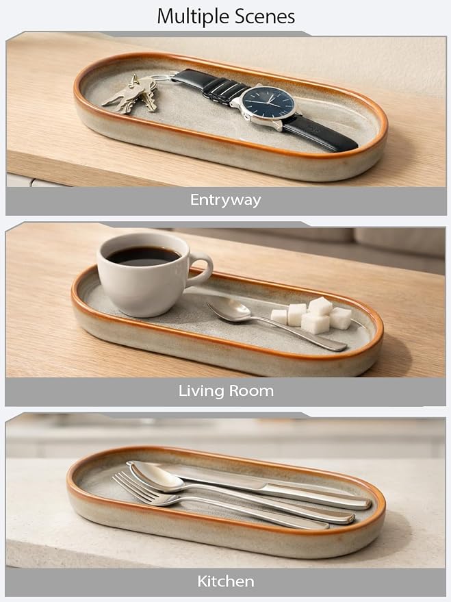 Reactive Glaze Ceramic Bathroom Tray with Brown Rim, Oval Vanity Organizer Dish for Perfume, Jewelry & Soap, Unique Kiln-Fired Decorative Tray for Bathroom Countertop, Dresser, Coffee Bar