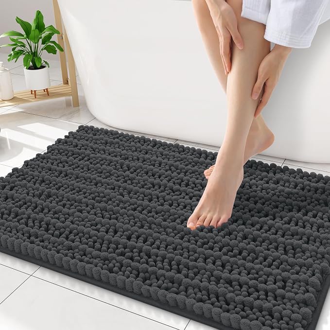 Smiry Bathroom Rugs 34X21, Extra Soft Rubber Backing Chenille Bath Mats | Dark Grey Machine Washable Non Slip Quick Dry Bath Mats for Bathroom Floor, Tub, Shower, Home Decor Accessories