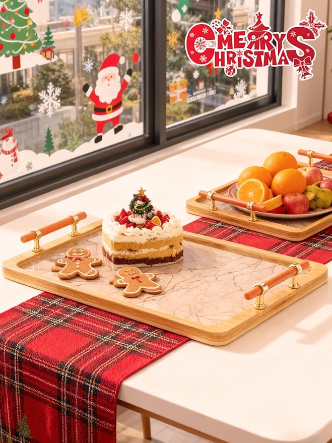 JUPELI 16" x 12" Bamboo Serving Tray with Handles – Marble Pattern Decorative Rectangle Tray for Coffee Table, Kitchen, Vanity, Bathroom, or Ottoman – Perfect for Bread Food Fruit Display & Storage
