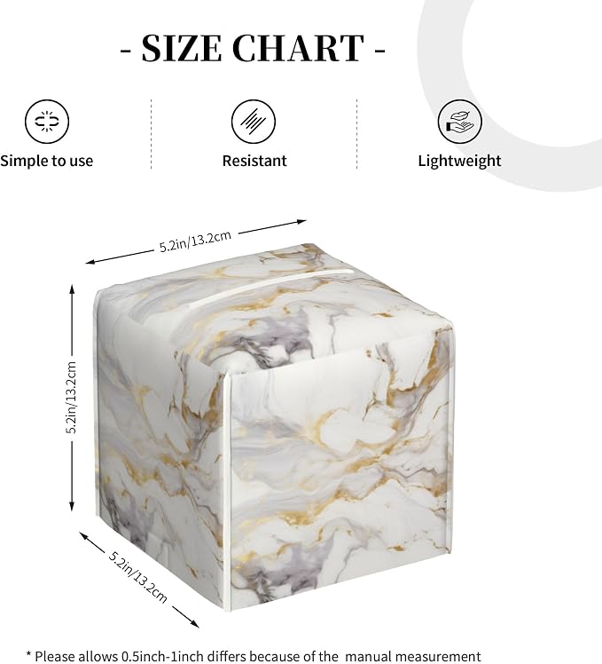White Marble Tissue Box Cover Square, Leather Tissue Box Holder | Marble Texture Not Real Marble, Waterproof, for Bathroom Home Car Nightstand Vanity Desk
