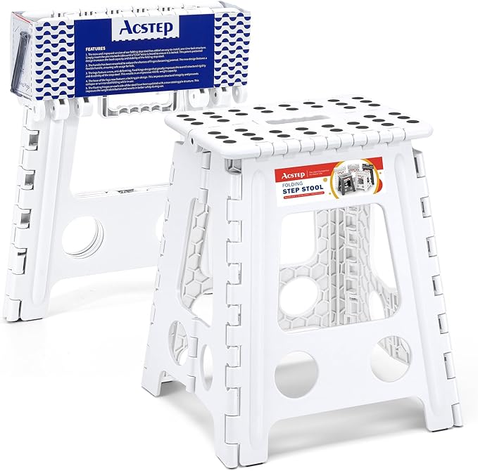 16 Inch Folding Step Stool, Heavy Duty, 400 lbs, White | Lightweight Collapsible Stepping Stool for Adults with Handle, Non-Slip, for Kitchen, Bathroom, Bedroom and Outdoor Use