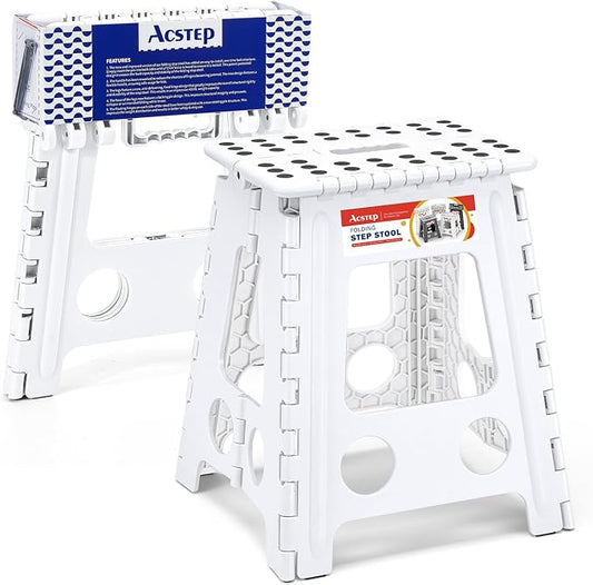 16 Inch Folding Step Stool, Heavy Duty, 400 lbs, White | Lightweight Collapsible Stepping Stool for Adults with Handle, Non-Slip, for Kitchen, Bathroom, Bedroom and Outdoor Use