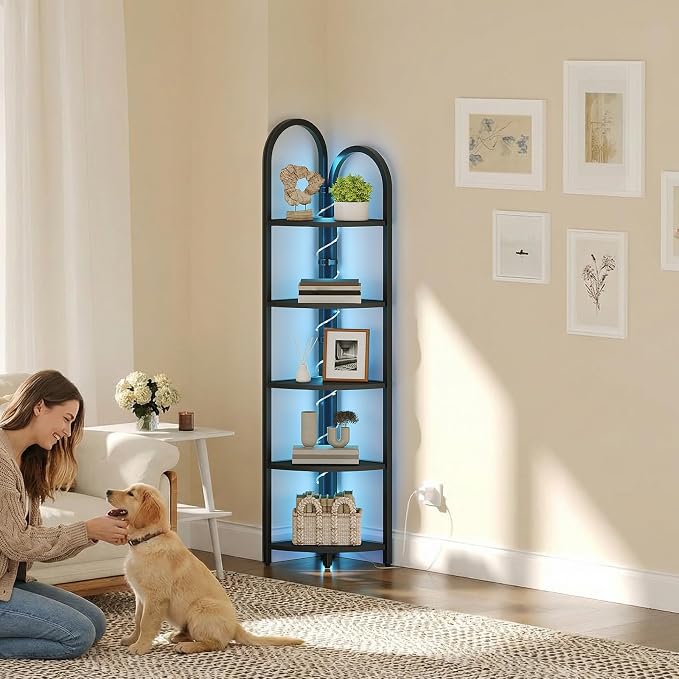 MAHANCRIS 5-Tier Corner Shelf with LED Light, 64.6'' Tall Corner Bookshelf, Narrow Storage Shelf with Metal Frame, for Living Room, Bedroom, Small Spaces, Black CSBK55101