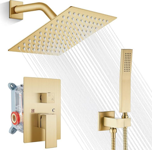 gotonovo Shower Faucet Set with Handheld Spray Brushed Gold,8'' Head | SUS304 Rainfall Shower Head and Handle Set System Fixture,Pressure Balance Valve Trim Kit,Single Handle,Wall Mount,All Metal