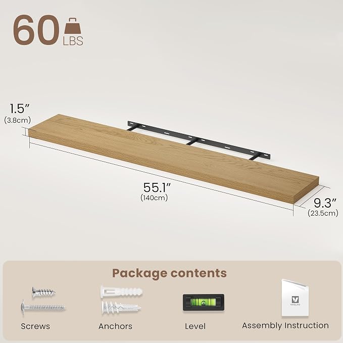 Vivelove Floating Shelves 9 inch Deep 55”Long Set of 2, Oak | Easy Install With Hardware, 1.5" Thick, Invisible Brackets, Wall Mounted, No Sagging, For Any Room