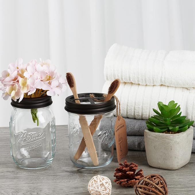 Amolliar Mason Jar Toothbrush Holder, Rustproof Stainless Steel, Bronze | Toothbrushes and Toothpaste Holder with Chalkboard Labels - Farmhouse Décor Bathroom Countertop and Vanity Storage Organizer