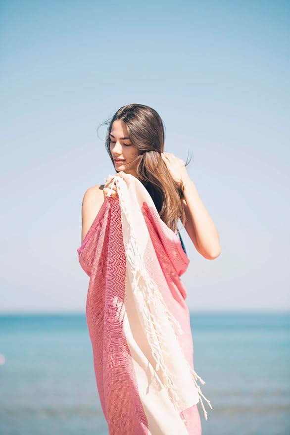 Beach Towel, 100% Cotton, 71x39 in, Herringbone Fuchsia
