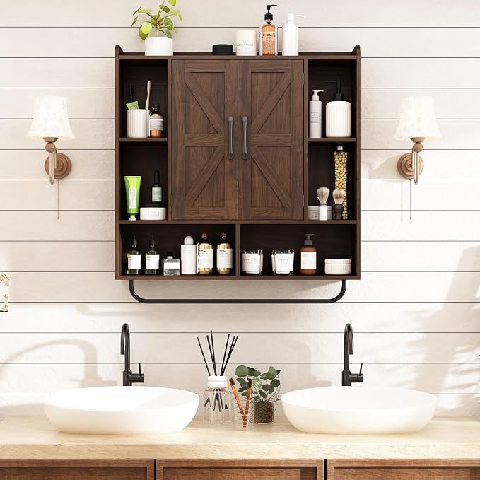 RUSTOWN Rustic Bathroom Wall Storage Cabinet with 2 Barn Doors, Dark Walnut | Farmhouse Medicine Cabinet, Wall Mounted, Space Saving, 3-Tier Adjustable Shelves, Towel Bar, 5 Hooks