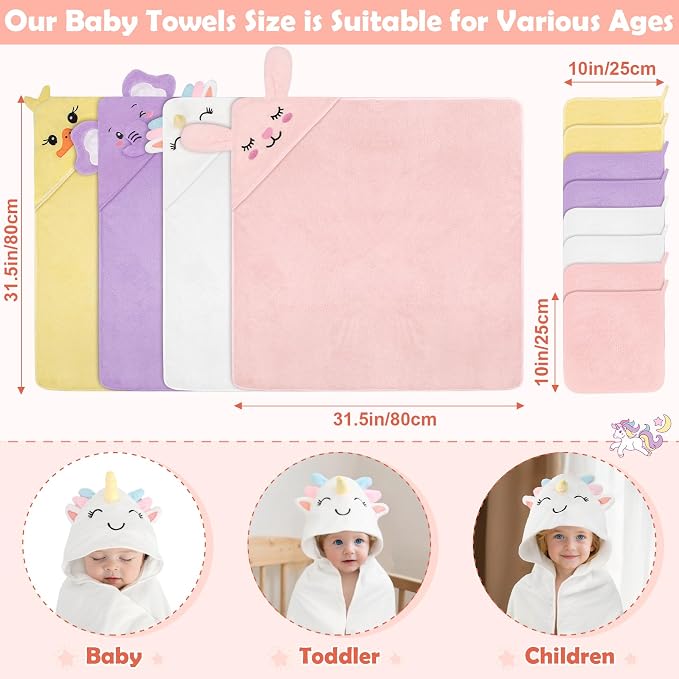 12 PCS Baby Bath Towels Set, Baby Towels for Newborn Bath Essentials Gifts | Animal Hooded, Thick Soft Absorbent, 4 Baby Towels & 8 Washcloths for Girl Boy Toddlers (Elephant, Unicorn, Duck, Rabbit)