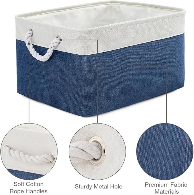 Collapsible Storage Bin for Shelves - Large 3 Pack 16x12x8 inch Storage Basket for Organizing with Handles, Canves Storage Box for Organizer Toy Closet Cloth Gift (White & Jean Blue)