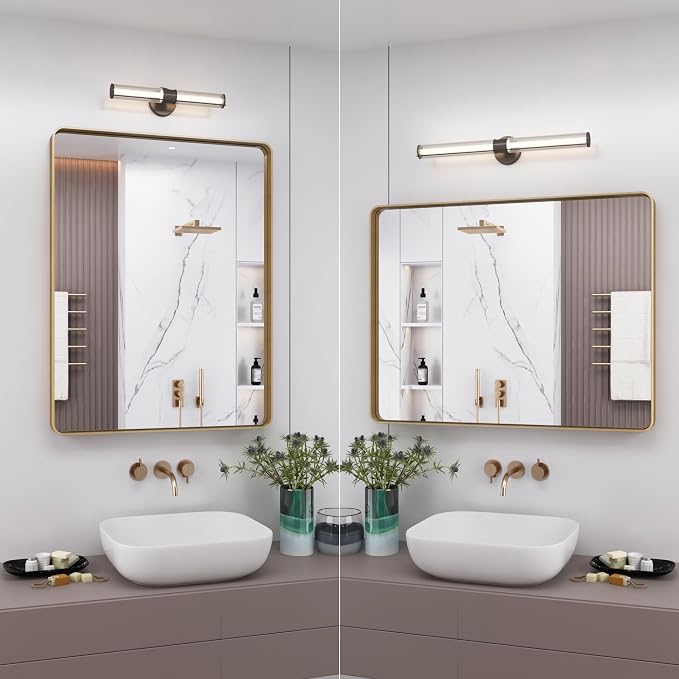 28x32 Inch Gold Bathroom Vanity Mirror | Rounded Rectangle, Brushed Gold Brass Frame, Shatterproof, Wall-Mounted, Anti-Rust, Hangs Horizontally or Vertically