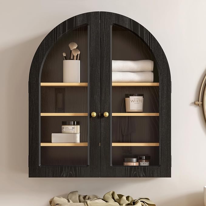 Arched Wall Cabinet, Large Bathroom Medicine Cabinet Wall Mounted Cupboard, Modern Floating Storage Cabinet with Acrylic Door Adjustable Shelf, Wood Organizer (Black-Oak)