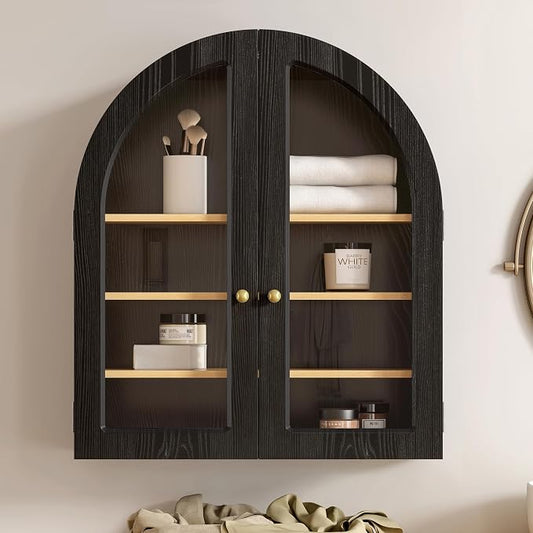 Arched Wall Cabinet, Large Bathroom Medicine Cabinet Wall Mounted Cupboard, Modern Floating Storage Cabinet with Acrylic Door Adjustable Shelf, Wood Organizer (Black-Oak)