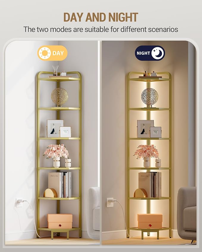 Hzuaneri Corner Shelf with LED Lighting, 6-Tier Glass Bookshelf | Steel Frame, Tempered Glass, Modern Style Corner Shelf, Suitable for Living Rooms, Bedrooms and Games Rooms CS09699G