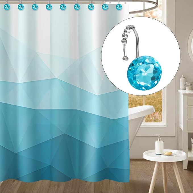 Sunlit Luxury Design Round Aqua Blue Diamond Crystal Gem Bling with Glide Balls Shower Curtain Hooks, Rust Proof Metal Rhinestones Glam Shower Curtain Rings-12 Pack