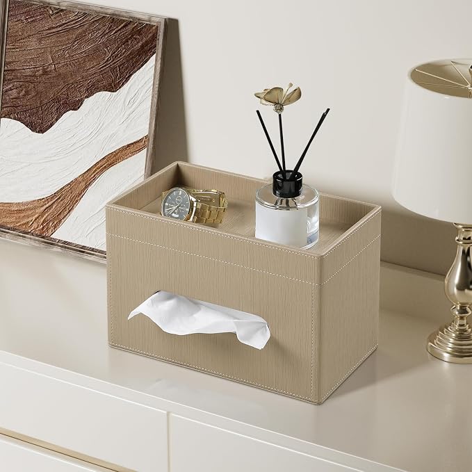 Plus Size Tissue Box Cover, Rectangle Tissue Box Organizer, Wood | Fit 180/230 Count Tissue Boxes, Storage Tray, PU Leather Large Tissue Box Cover, Rectangular Tissue Box Holder for Bathroom