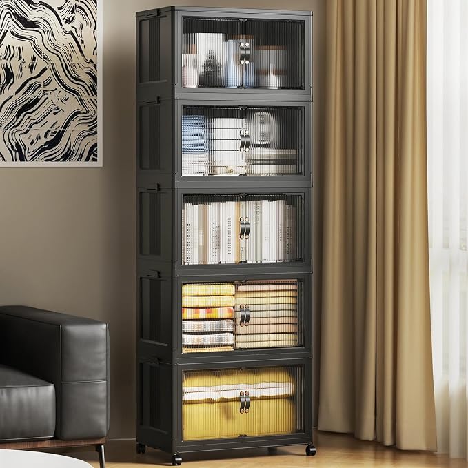SAILUN 175Qt Stackable Storage Bins,Storage Cabinet with a Lid,5 Pack Black | Stackable Storage Drawers with Lids,18" W x 11" D x 51" H,Featuring open-front Access for Clothes and Closet Storage