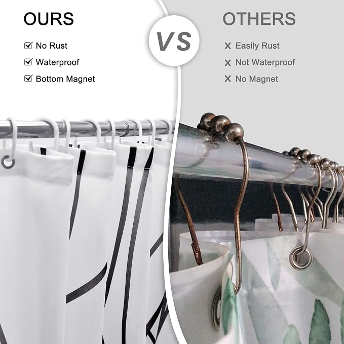 Striped Shower Curtain for Bathroom, White Black, 72" W x 96" L | with Hooks, Modern Hotel Style, Water Repellent, Washable, Weighted Hem