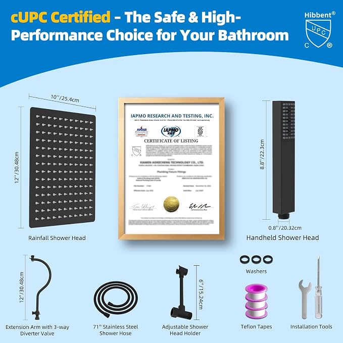 Hibbent All Metal cUPC Certified Shower Head, 12'' High Pressure Rainfall Showerhead Combo, Handheld Shower Wand, 12'' Adjustable Extension Arm, 4-Spray, 71'' Hose, Brass Shower Holder, Matte Black