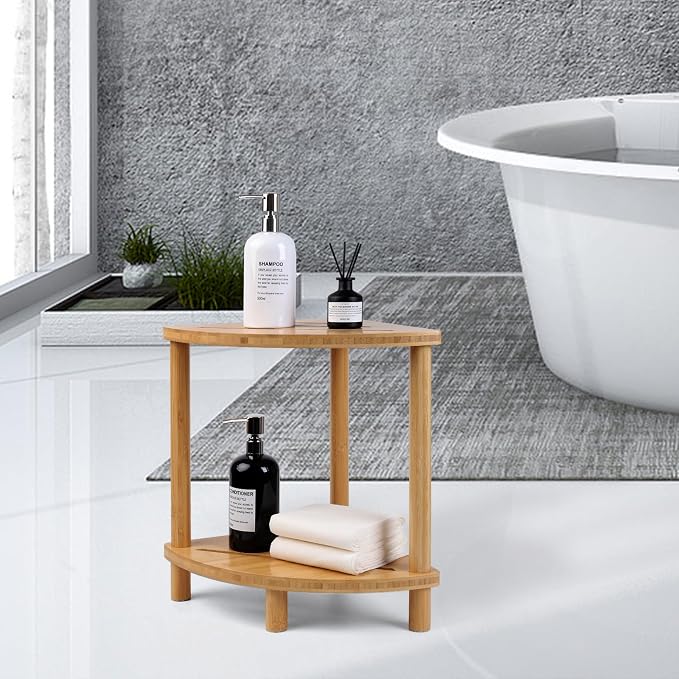 Bamboo Shower Stool for Inside Shower 2-Tier,Corner Shower Bench | Waterproof,Shower Foot Rest with Storage,Space-Saving,Bath Stool For Shaving Leg,Shower Shelves,Shower Caddy,Easy to Assemble