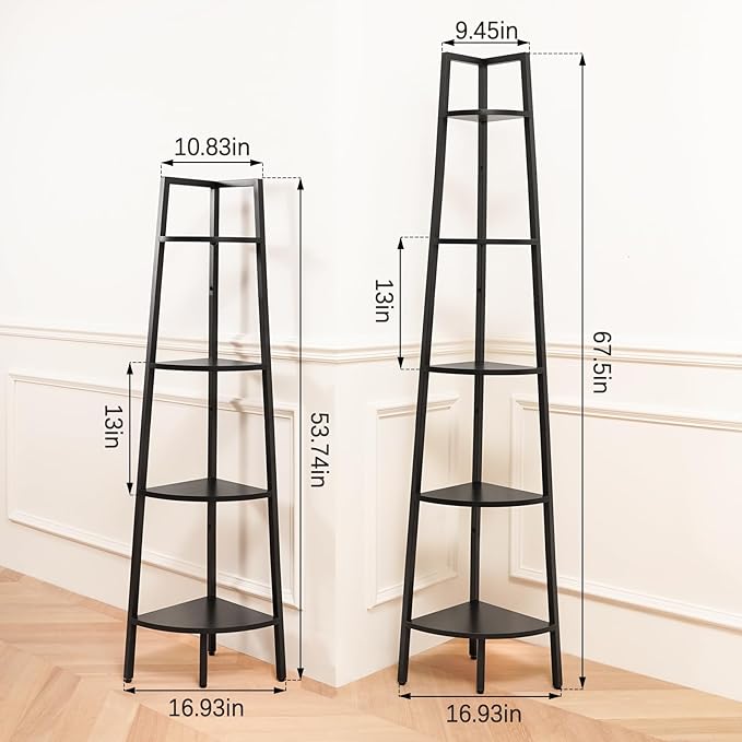 Yoobure 5-Tier Corner Shelf Stand- 67.5" Tall Corner Bookshelf with Metal Frame, Industrial Ladder Corner Shelves Display Shelf for Bedroom Living Room, Corner Bookcase Corner Plant Stand for Balcony