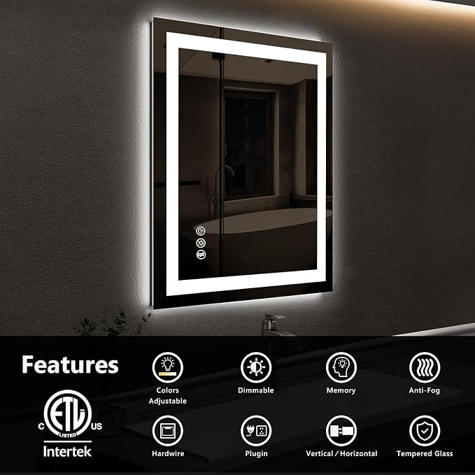 ROOMTEC 20x28 Inches LED Bathroom Mirror with Lights, Vanity Mirror with Front and Backlight, Smart Dimmable Anti-Fog LED Mirror for Bathroom, Memory Function, Tempered Glass (Horizontal/Vertical)