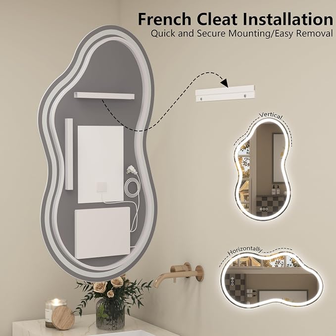 48x26 Inch Irregular LED Lighted Bathroom Vanity Mirror | Asymmetrical, Cloud-Shape, Anti-Fog, Dimmable, Front lighted + Backlit, Memory, 3 Colors, Shatterproof(Horizontal/Vertical)