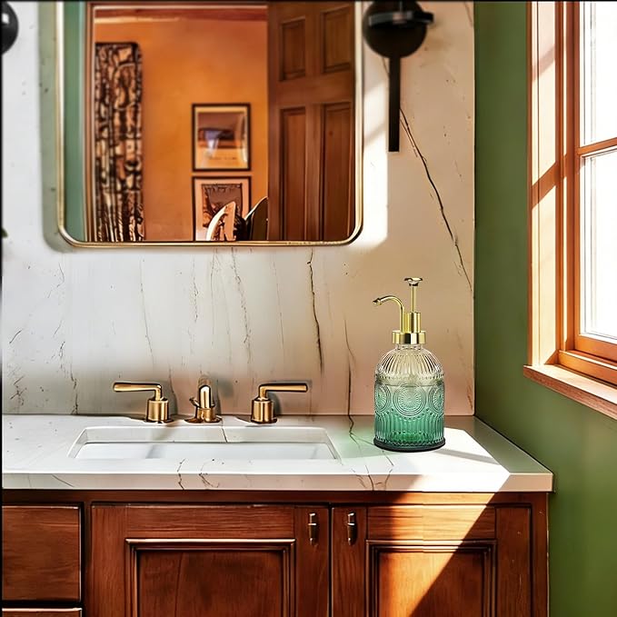 Amolliar 12 Oz Glass Soap Dispenser with Plastic Pump,Green-Gradient | Antique Rustic Hand Liquid Bottle for Bathroom/Kitchen, Vintage/Farmhouse/Boho Style, Pump Dispenser, Refillable
