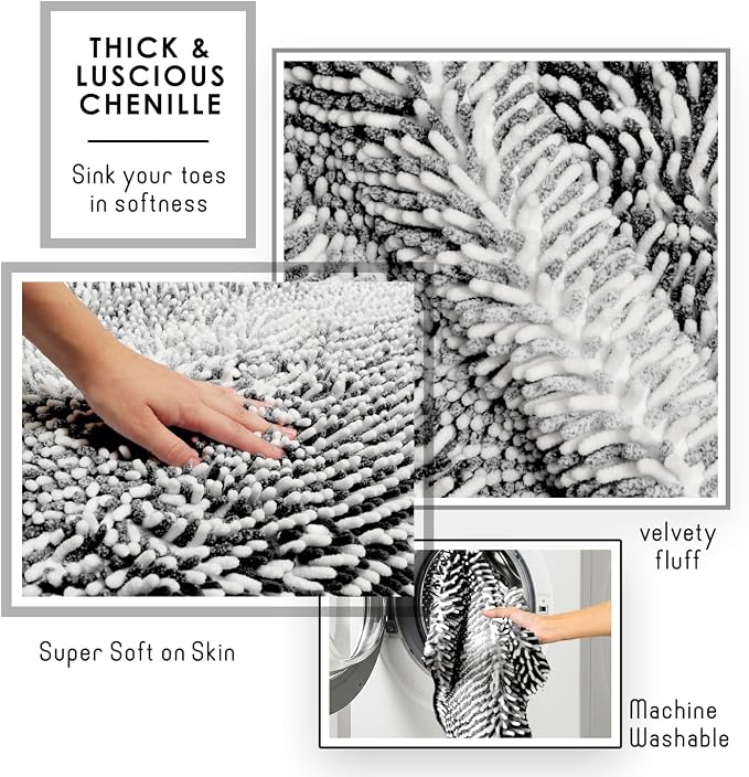 Hearth & Harbor Bathroom Rugs, Chenille Bath Mat - Machine Washable Bath Mats for Bathroom Non-Slip Backing Rubber, Quick Dry Bathroom Mat, 24 x 36 - Ombre Black