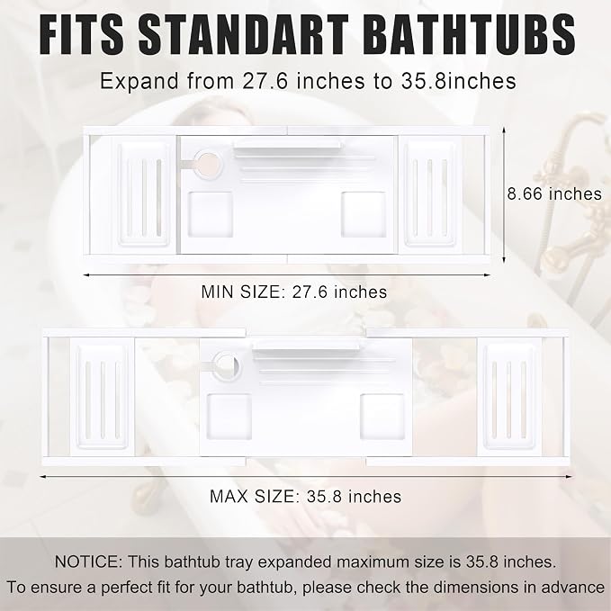 Bathtub Tray Caddy, Bamboo Expandable Bath Tray for Tub | Foldable Bath Table Trays, Bathtub & Bathroom Accessories for New Home & Mothers, Birthday Gifts for Mom, White