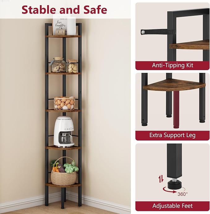 Corner Shelf Stand 5 Tier 60.5" with Metal Frame, Rustic Brown | Industrial Small Corner Shelf Narrow, Multipurpose Tall Corner Bookshelf, Corner Table Bedroom, Living Room, Office, Kitchen