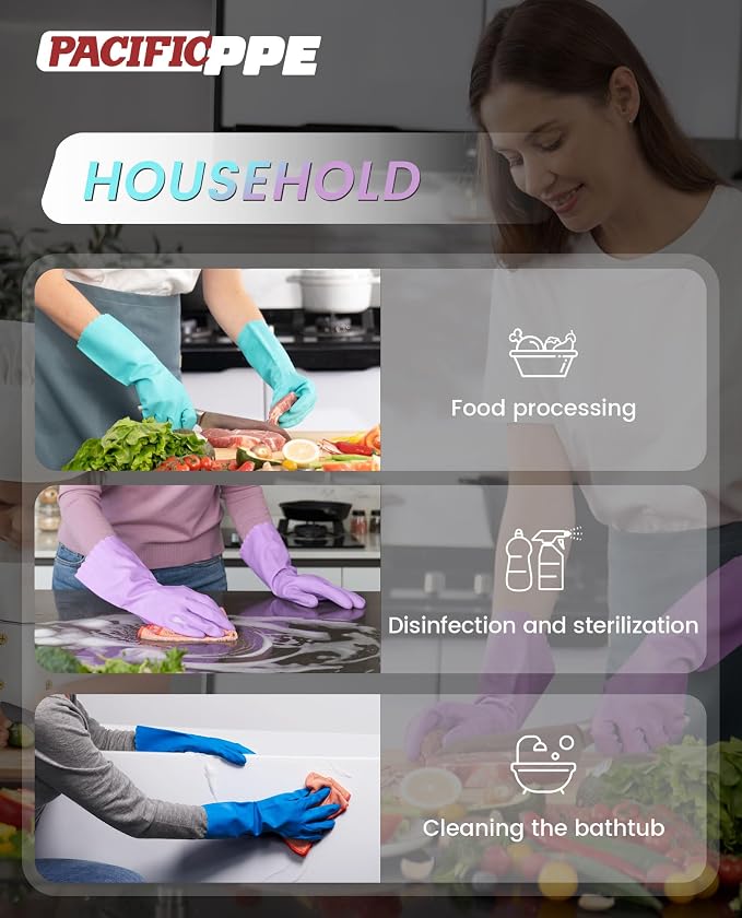 2 Pairs Cleaning Gloves, Cotton Liner, Purple+Blue, Medium | Waterproof dishwashing gloves with non-slip grip, Latex-Free, flexible fit for kitchen, bathroom, laundry & cleaning