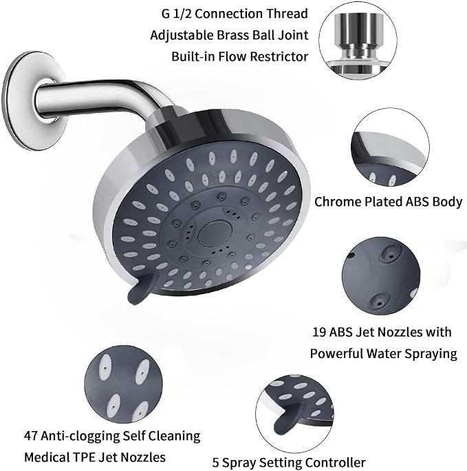AISOSO High Pressure Rain Shower Head 5 Modes Showerhead 4.1 Inch Chrome | Low Water Pressure Compatible, Powerful Spray Fixed Showerhead for a Relaxing Indoor & Outdoor Shower