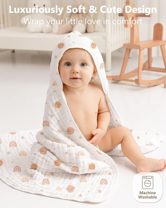 Baby Bath Towels, 100% Muslin Cotton Hooded Baby Towels for Newborn, 2 Pack Baby Towels with Hood for Infant Toddler and Kids, Large 32x32Inch Bath Essentials, Soft and Absorbent Orange Rainbow